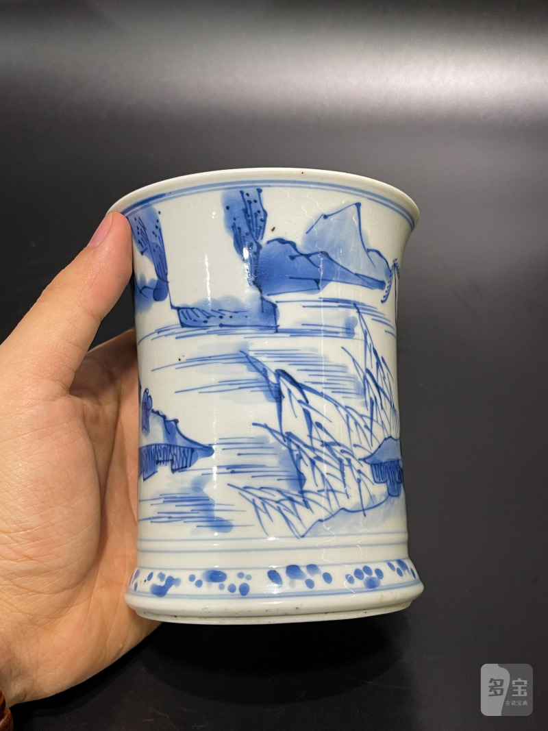 清康熙 青花山水亭阁图笔筒 - 图4